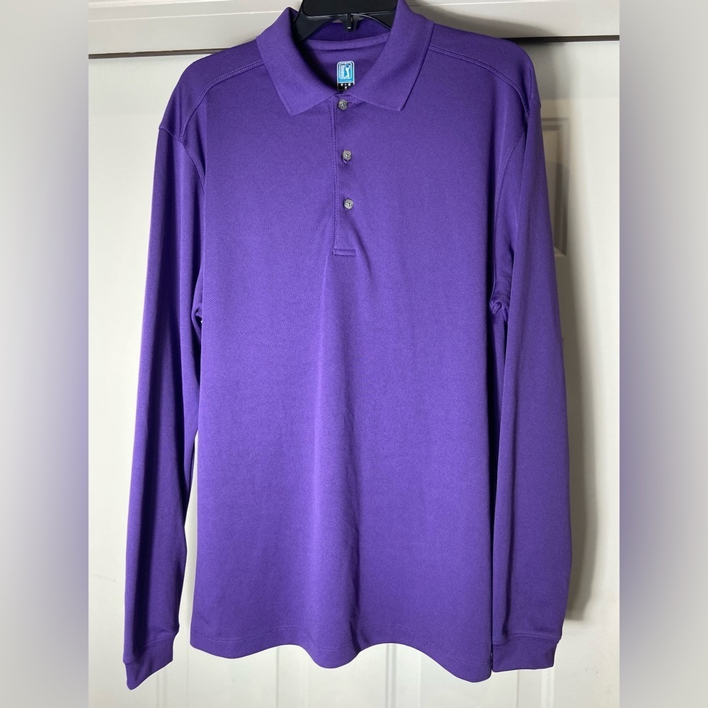 PGA Tour~Men’s~Long Sleeve~Golf~Polo Shirt~Jacquard Fabric~Size M